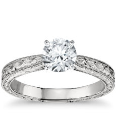 Hand Engraved Solitaire Engagement Ring in Platinum 